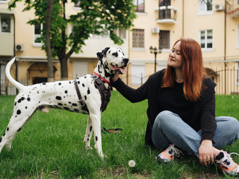 Mulher, branca, do cabelo ruivo está sentada na grama, ao lado do seu pet, um cachorro branco com pintas pretas, em frente ao prédio de um condomínio